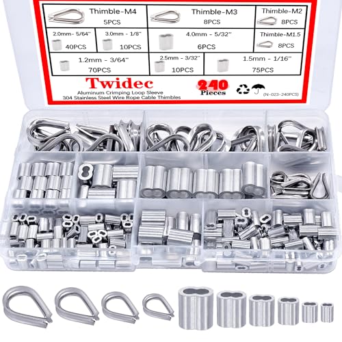 Twidec/240PCS 304 Stainless Steel Wire Rope Cable Thimbles and Aluminum Crimping Loop Sleeve 3/64''-5/32" for Wire Rope Cable Thimbles Rigging Assortment Kit N-023-240PCS - Image 1