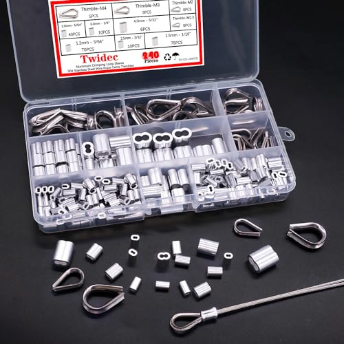 Twidec/240PCS 304 Stainless Steel Wire Rope Cable Thimbles and Aluminum Crimping Loop Sleeve 3/64''-5/32" for Wire Rope Cable Thimbles Rigging Assortment Kit N-023-240PCS - Image 3