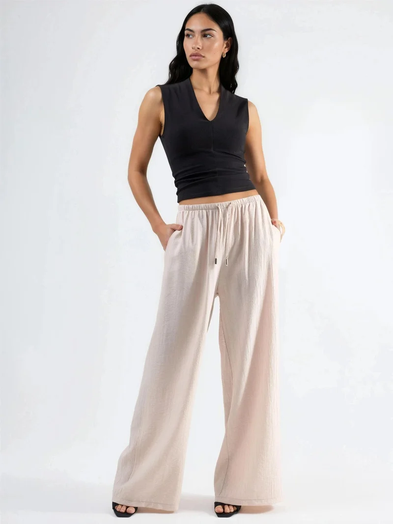 بوسيم BUSEM Wide Leg Drawstring Waist Pants with Pockets