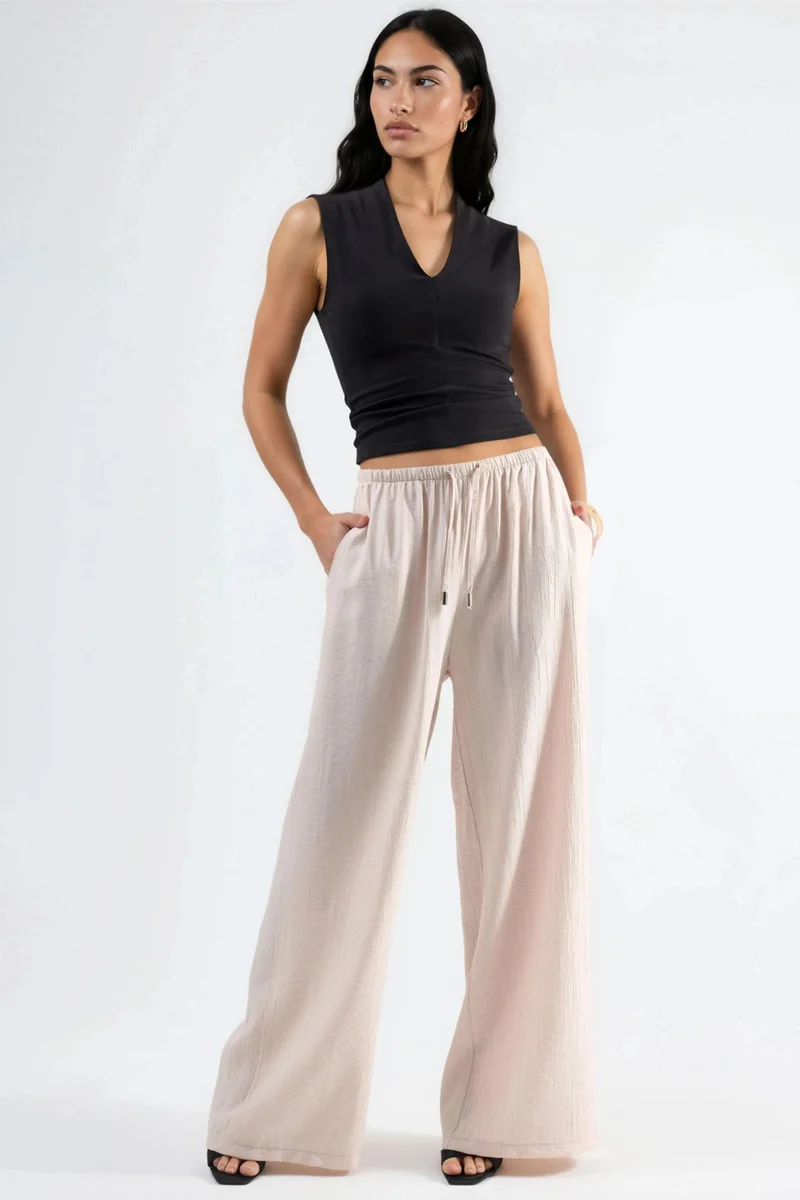 بوسيم BUSEM Wide Leg Drawstring Waist Pants with Pockets