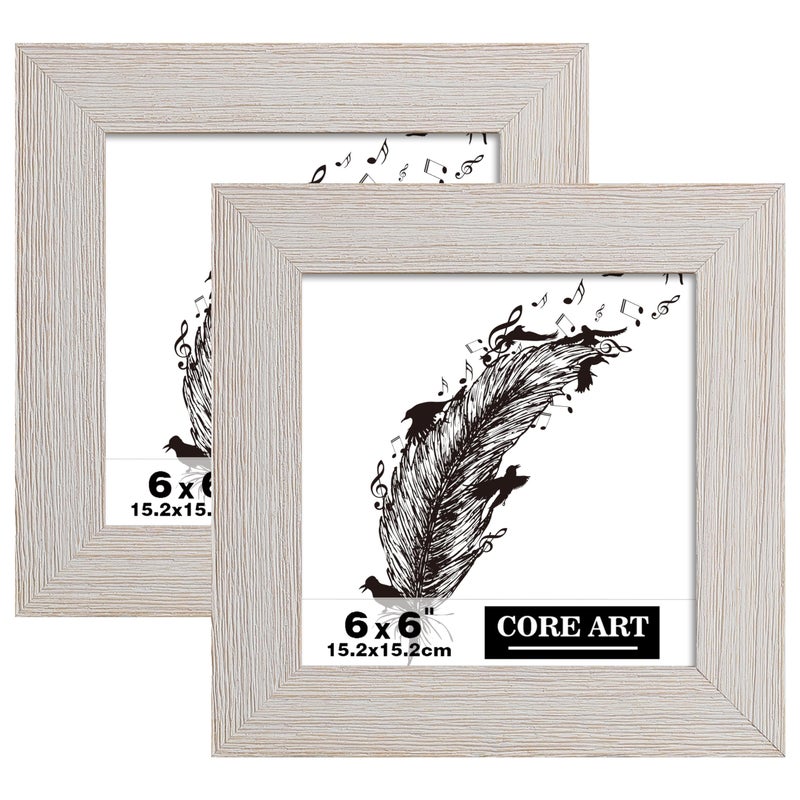 CORE ART 6x6 Picture Frame Handmade Wood Rustic White Photo Frame Set of 2 High Definition Semitempered Glass Wall or Tabletop Display
