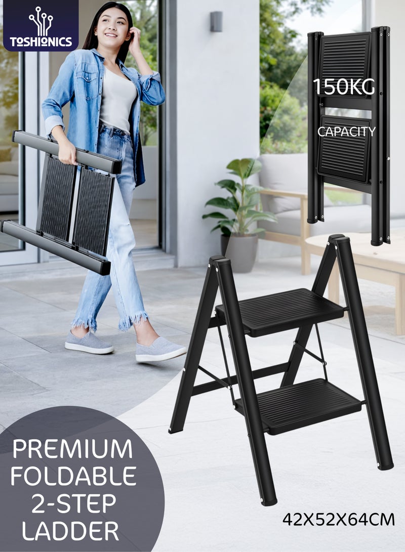 توشيونيكس سلم متعدد الأغراض قابل للطي من درجتين مع دواسة مانعة للانزلاق، سلم قابل للطي محمول وخفيف الوزن للمنزل والمطبخ والمكتبة والمكتب، سعة 150 كجم (درجتان). - Image 1
