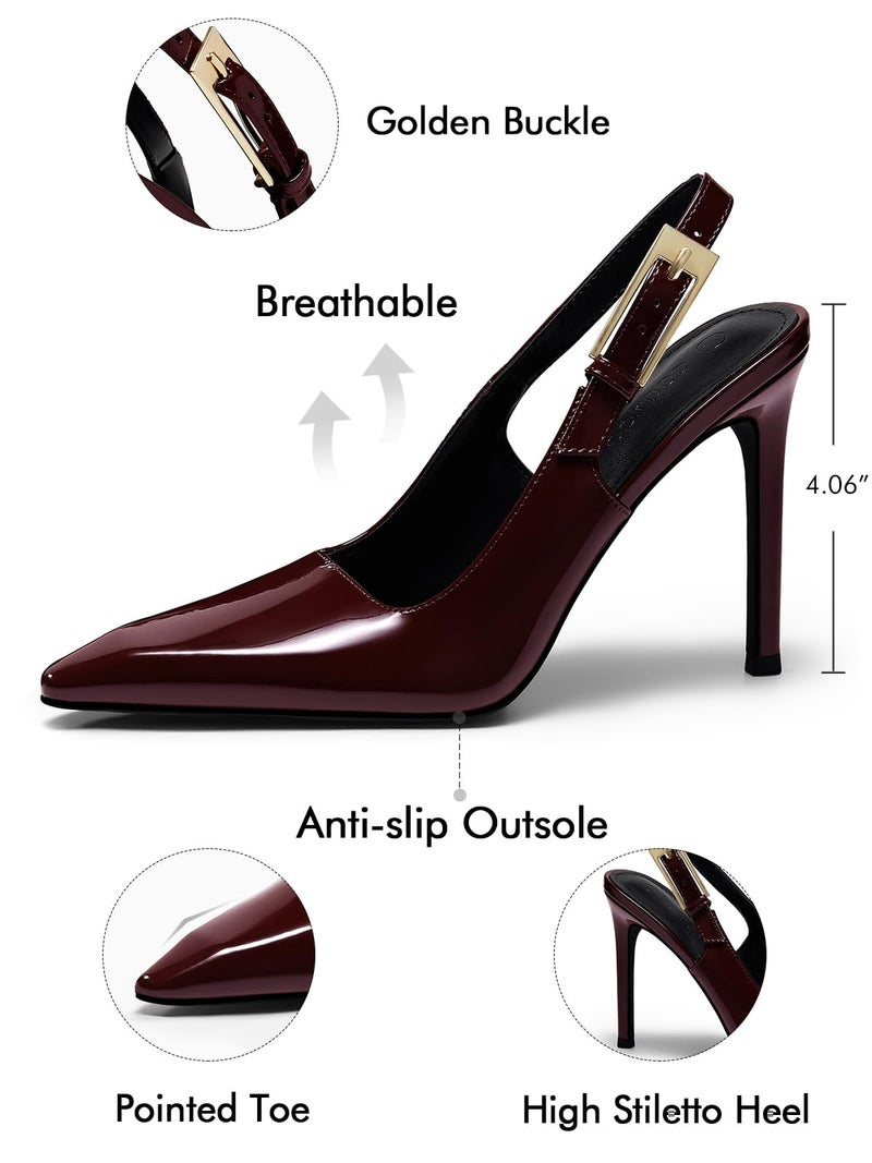 Coutgo Women's Slingback High Heels Pointed Toe Stilettos Metal Buckle Dress Party Pump Shoes, Burgundy, Size 8 - Image 5