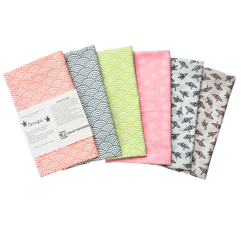 ZEN GIFT ENTERPRISE Tenugui Traditional Towel Made in Japan Fray Prevention 100 Cotton Eco Friendly Kitchen Towels Gift Wrapping Seigaiha Orizuru Pattern Set of 6 1299x3464
