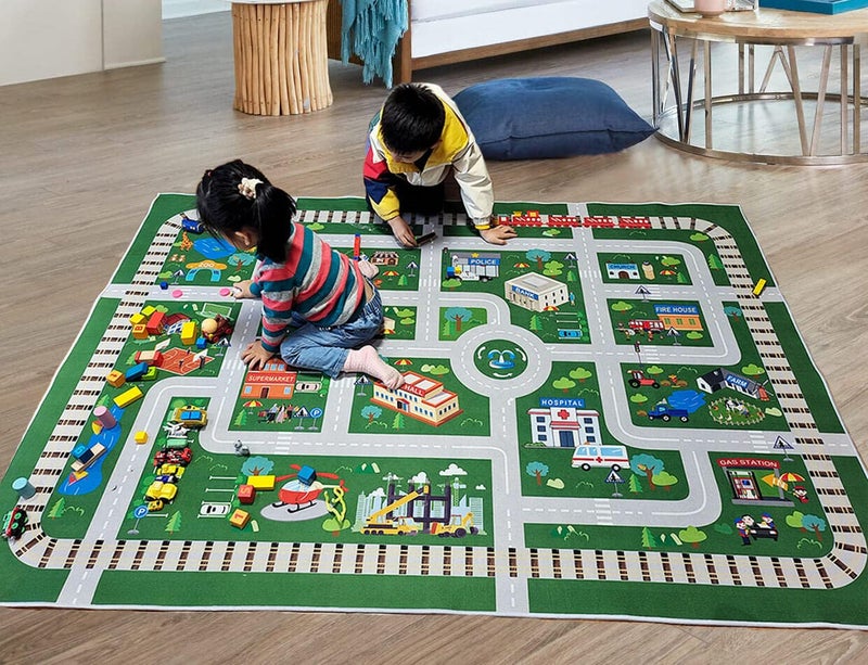 Kids Playroom Car Rug Play Mat  City Life Road for Cars Fun City Map for Track Toys Carpet for Bedroom Boys 67x47