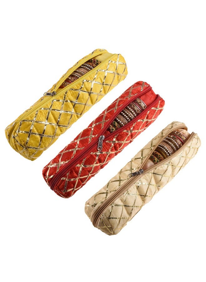 Kuber Industries Kuber Industries Single Rod Bangle Box | Polyester Gota Check Design Watch Organizer | Travelling Bracelets Organizer with Zipper | Pack of 3 | Multicolor - Image 1