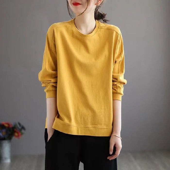 Spring and Autumn New All-match Classic Solid Color Sweatshirt Loose Pullover T-shirt Womens Shoulder Stitching Slimming Simple Long Sleeve purple blue - Image 2