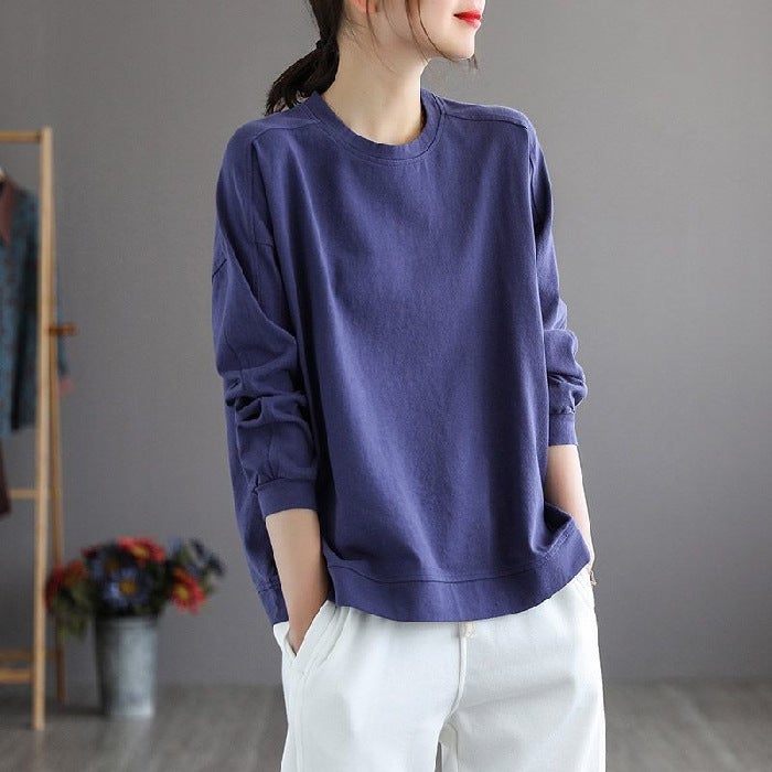 Spring and Autumn New All-match Classic Solid Color Sweatshirt Loose Pullover T-shirt Womens Shoulder Stitching Slimming Simple Long Sleeve purple blue - Image 1