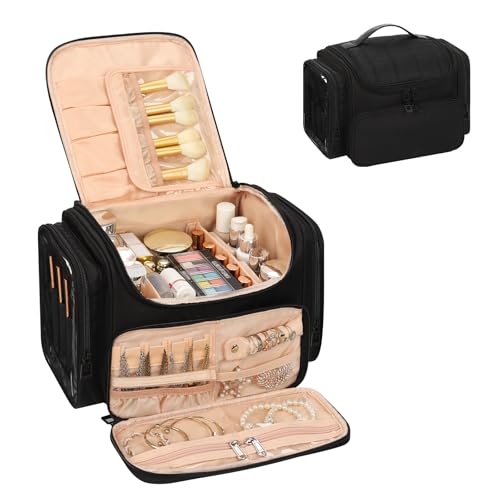 Bagmoly Large Makeup Bag with Jewelry Organizer Travel Toiletry Bag for Women Girls with Makeup Brush Compartment Two Side Pockets XL Black - Image 1