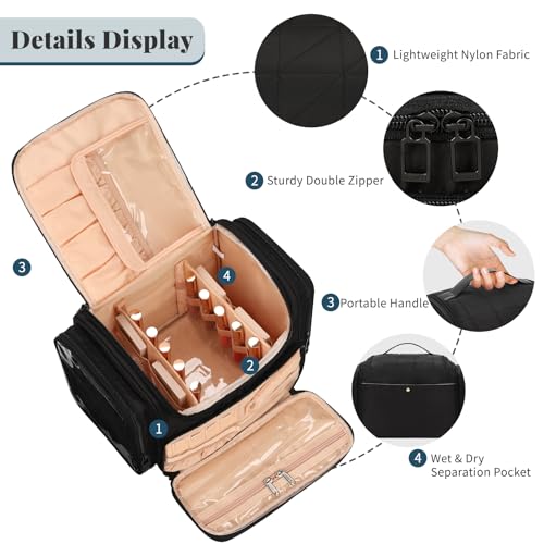 Bagmoly Large Makeup Bag with Jewelry Organizer Travel Toiletry Bag for Women Girls with Makeup Brush Compartment Two Side Pockets XL Black - Image 3