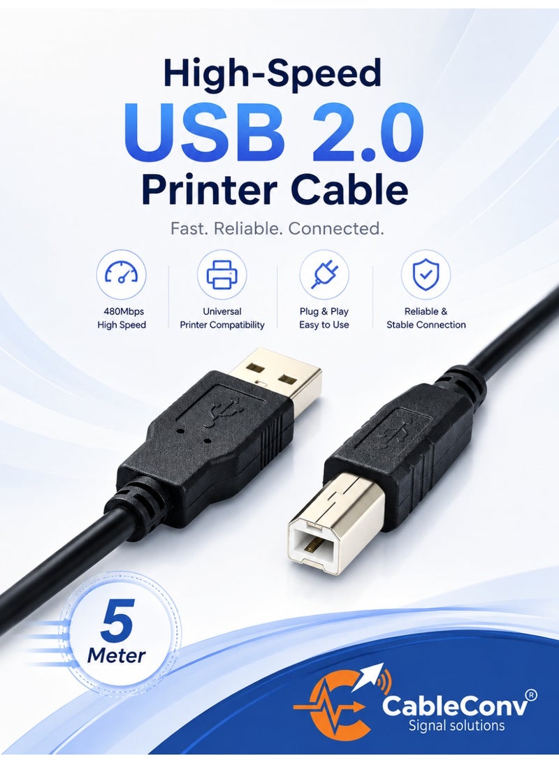 ​كابل كونف كابل طابعة، سلك طابعة USB 2.0 من النوع A ذكر إلى النوع B ذكر، سلك ماسح ضوئي عالي السرعة، متوافق مع HP، Canon، Dell، Epson، Lexmark، Xerox، Samsung وغيرها، أسود - Image 1