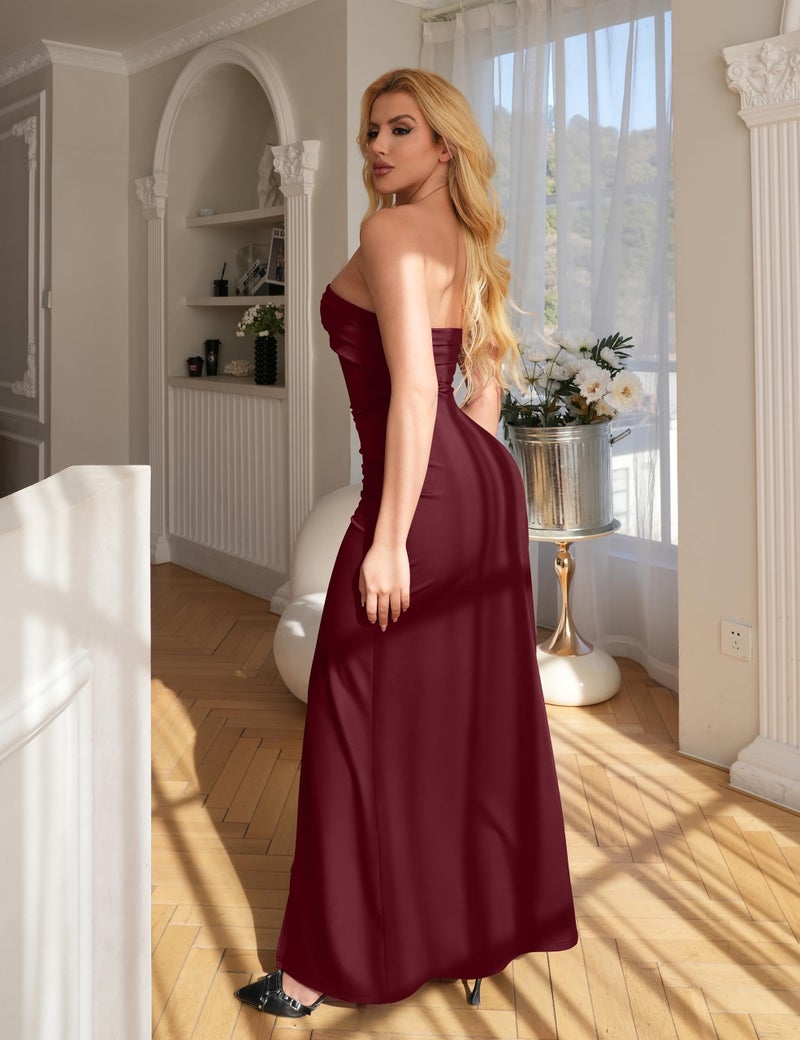 YMDUCH Women's Elegant Strapless Bodycon Ruched Ruffle High Split Long Formal Evening Dress WineRed - Image 3