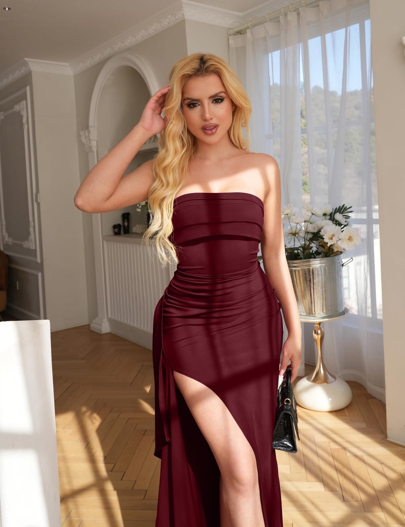 YMDUCH Women's Elegant Strapless Bodycon Ruched Ruffle High Split Long Formal Evening Dress WineRed - Image 5