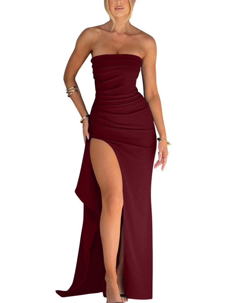 YMDUCH Women's Elegant Strapless Bodycon Ruched Ruffle High Split Long Formal Evening Dress WineRed - Image 1