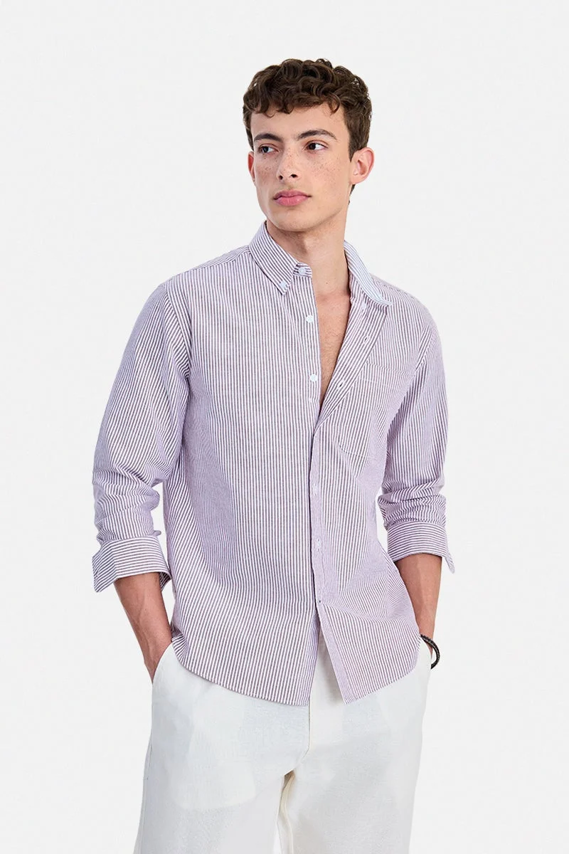 سنيتش Maroon Striped Long Sleeve Regular Fit Shirt