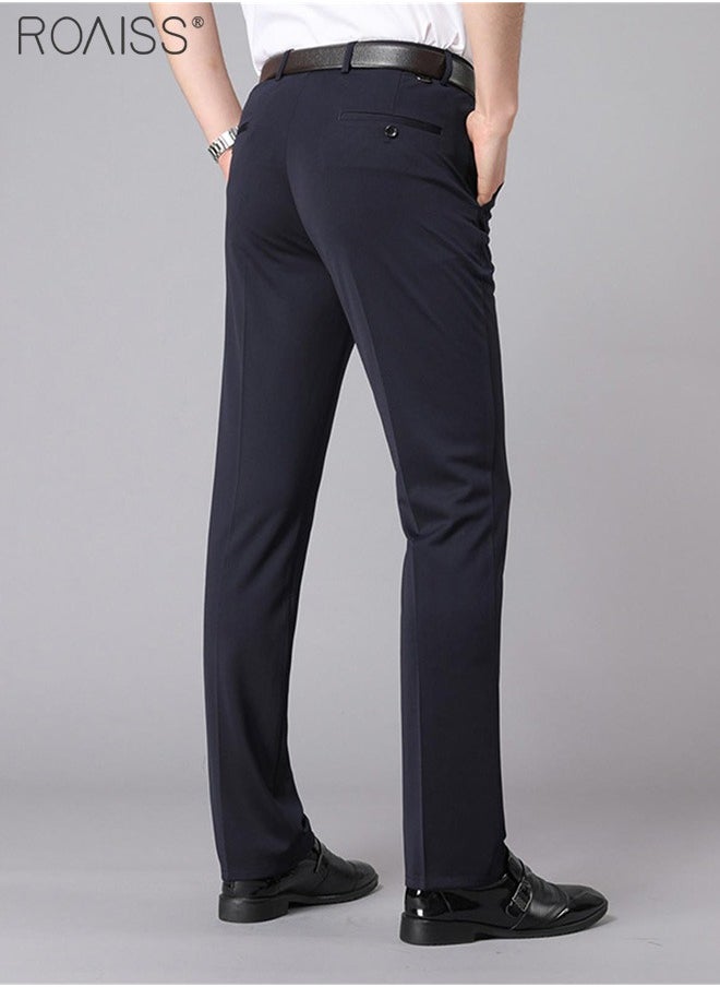 roaiss Men's Fashion Casual Business Pants Summer Light Thin High Elastic Classic Navy Blue Suit Pants Skintight Wrinkle-Resistant High Waist Straight Trousers with Pockets on Both Sides  - Image 2