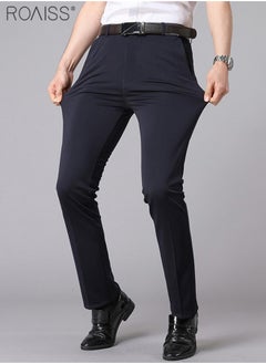 roaiss Men's Fashion Casual Business Pants Summer Light Thin High Elastic Classic Navy Blue Suit Pants Skintight Wrinkle-Resistant High Waist Straight Trousers with Pockets on Both Sides  - Image 4
