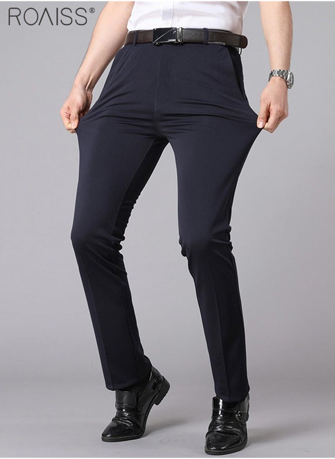 roaiss Men's Fashion Casual Business Pants Summer Light Thin High Elastic Classic Navy Blue Suit Pants Skintight Wrinkle-Resistant High Waist Straight Trousers with Pockets on Both Sides  - Image 4