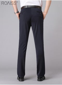 roaiss Men's Fashion Casual Business Pants Summer Light Thin High Elastic Classic Navy Blue Suit Pants Skintight Wrinkle-Resistant High Waist Straight Trousers with Pockets on Both Sides  - Image 3