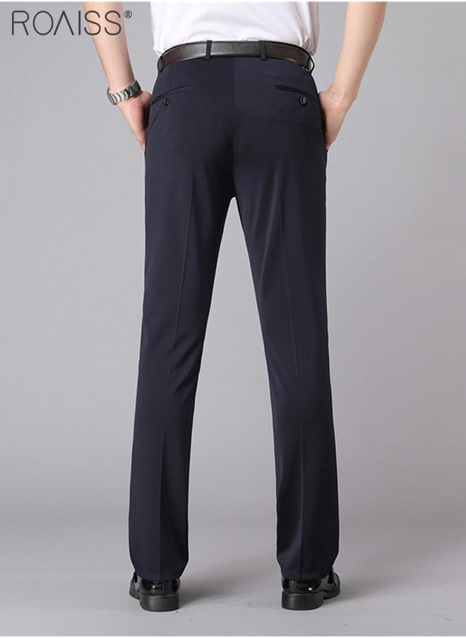 roaiss Men's Fashion Casual Business Pants Summer Light Thin High Elastic Classic Navy Blue Suit Pants Skintight Wrinkle-Resistant High Waist Straight Trousers with Pockets on Both Sides  - Image 3