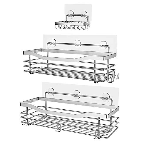 Orimade Shower Caddy Basket Soap Dish Holder Shelf with 5 Hooks Bathroom Organiser Shelf Kitchen Storage Rack Wall Mounted Adhesive No Drilling SUS304 Stainless Steel  3 Pack