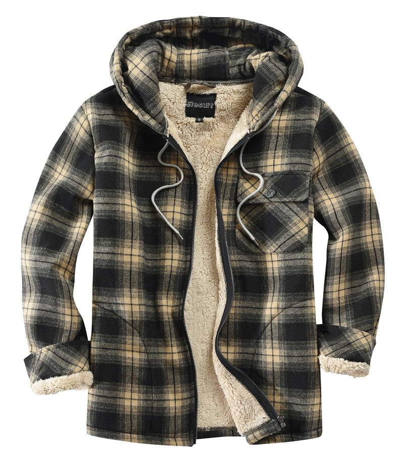 Elesuit Mens Zip Up Fleece Flannel Jacket Cotton Plaid Coat for Men with Hood Brown Large