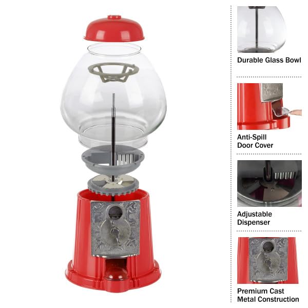 Great Northern Popcorn Company 15” Gumball Machine with Coin Bank - Bubble Gum Machine Candy Dispenser with Glass Globe and Metal Base - Vintage Style Gum Ball Vending Dispenser by Great Northern Popcorn (Red) - Image 3