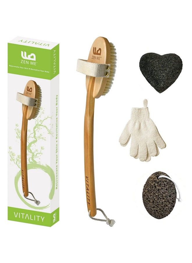 ZEN ME Dry Brush Set Premium Body Exfoliator Brush Exfoliating Gloves Pumice Stone For Feet & Konjac Sponge For Face Boar Bristle Body Brush For Showering Bath Brush Natural Skin Scrubber Tools  - Image 1