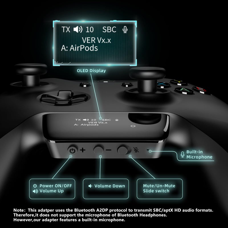 YOCOWOCO Bluetooth 5.2 Wireless Audio Adapter for Xbox One, Xbox Series X|S and Elite 2 Controller, Xbox Mic Adapter with Screen Supports Low Latency - Image 2