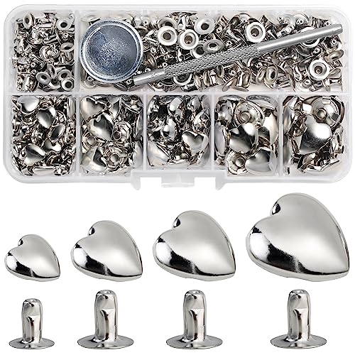 YORANYO 150 Set Mixed Size Rivets Kit Silver Heart Studs for Clothing Fabric Leather Crafting Rivet Tool for Jackets Shoes Bags Belts Purse - Image 1