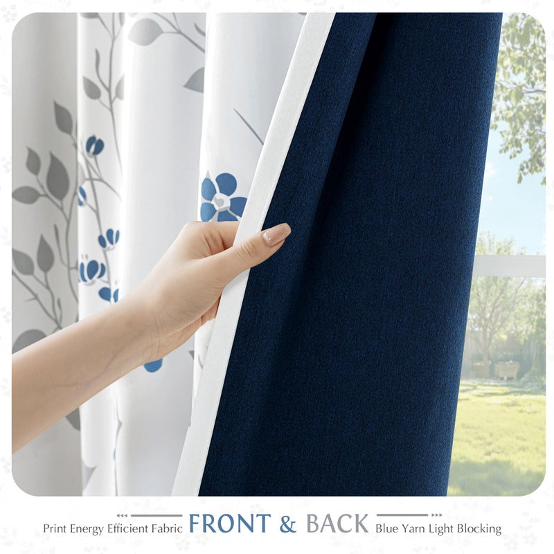 Beauoop Floral 100% Blackout Curtains 54 Inch Length 2 Panels for Bedroom Living Room Blue Grey and White Flower Patterned Room Darkening Thermal Soundproof Grommet Window Treatments Drapes, 52X54 - Image 3