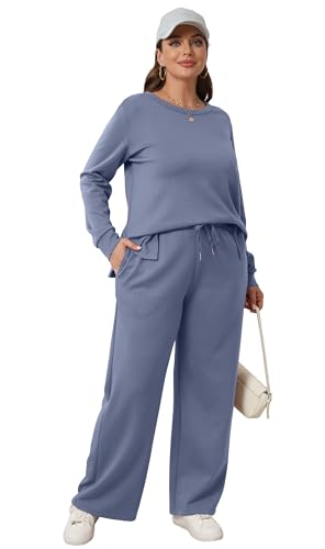 WIHOLL Women's Two Piece Outfits Fall Long Sleeve Travel Lounge Set Fashion Loungewear Wide Leg Tracksuit Winter Jumpsuits for Women Blue M - Image 5