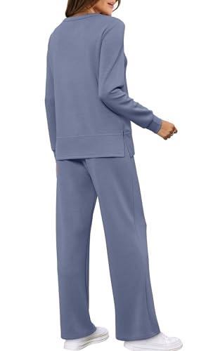 WIHOLL Women's Two Piece Outfits Fall Long Sleeve Travel Lounge Set Fashion Loungewear Wide Leg Tracksuit Winter Jumpsuits for Women Blue M - Image 4