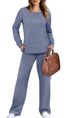 WIHOLL Women's Two Piece Outfits Fall Long Sleeve Travel Lounge Set Fashion Loungewear Wide Leg Tracksuit Winter Jumpsuits for Women Blue M - Image 2