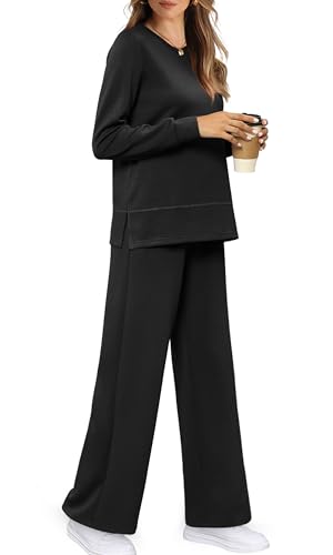 WIHOLL Women's Two Piece Outfits Fall Long Sleeve Travel Lounge Set Fashion Loungewear Wide Leg Tracksuit Winter Jumpsuits for Women Blue M - Image 3