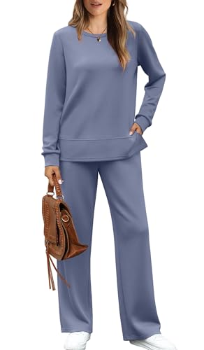 WIHOLL Women's Two Piece Outfits Fall Long Sleeve Travel Lounge Set Fashion Loungewear Wide Leg Tracksuit Winter Jumpsuits for Women Blue M - Image 1
