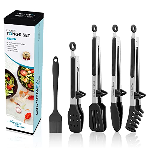 Maywe Tanso 5-Pack Silicone Tongs for Cooking,Maywe Tanso 4PCS 13-Inch Kitchen Tongs with Silicone Tips,Nonstick Stainless Steel Tong for Steak Pie Pizza Pasta Spaghetti Salad BBQ Buffet,Plus Brush - Image 1