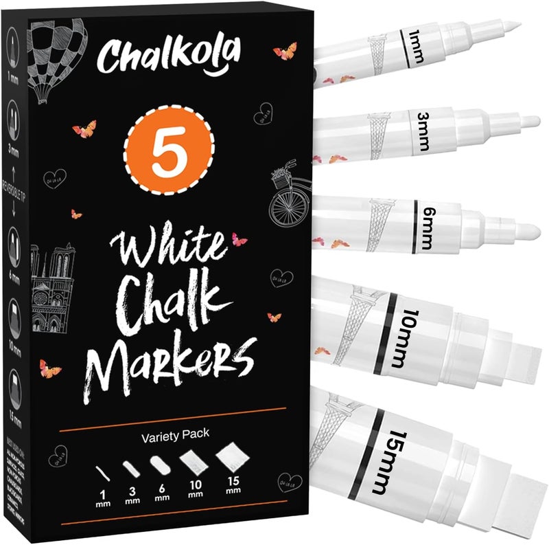 Chalkola 5 White Chalk Pens for Chalkboard Signs, Blackboard, Car Window, Bistro, Glass | 5 Variety Pack - Thin, Fine Tip, Bold & Jumbo Size Erasable Liquid Chalk Pens (1mm, 3mm, 6mm, 10mm, 15mm) Standard fit - Image 1