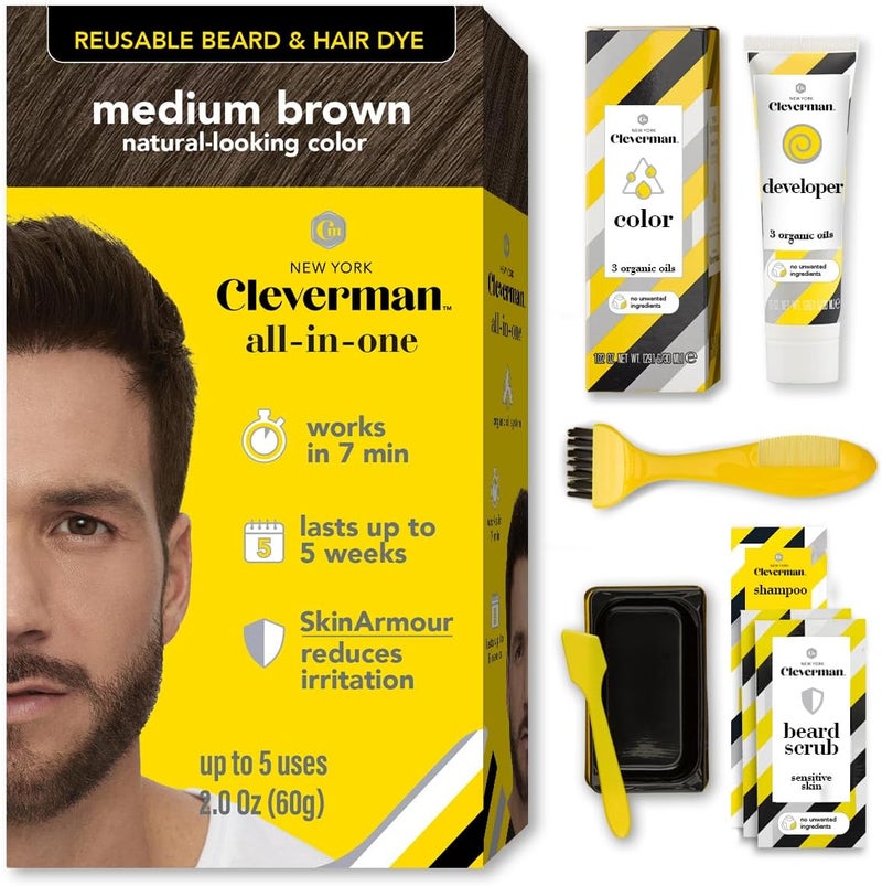Cleverman Hair & Beard Dye Kit for Men, All-in-One Reusable Mens Hair Color, Natural Gray Coverage, Ammonia-Free Beard Mustache Dye for Men, Medium Brown - Image 1