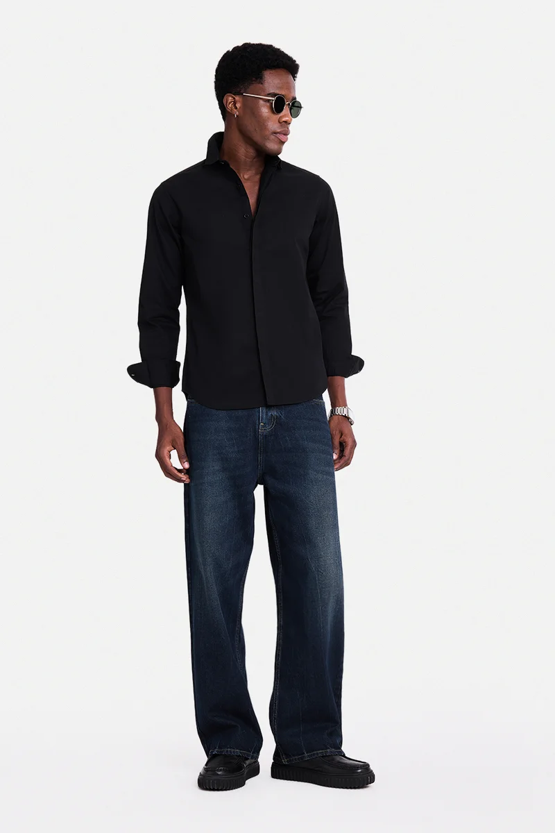 سنيتش Black Embroidered Long Sleeve Slim Fit Shirt