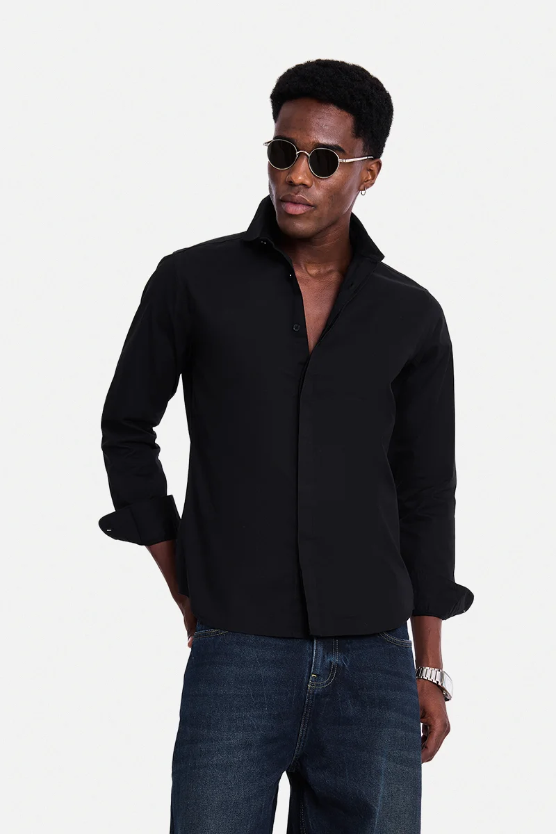 سنيتش Black Embroidered Long Sleeve Slim Fit Shirt