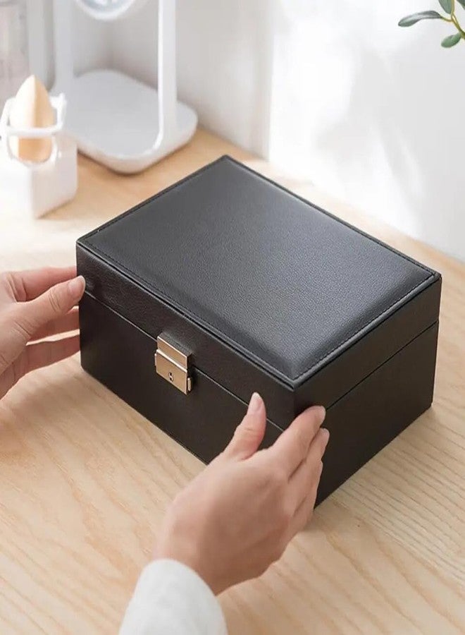 HETVIN Fashion Jewellery Organisers Box Double Layer Large Capacity PU Leather Storage Case for Rings, Earrings, Necklace Jewelry Organizer for Women Travel - (Black) - Image 3