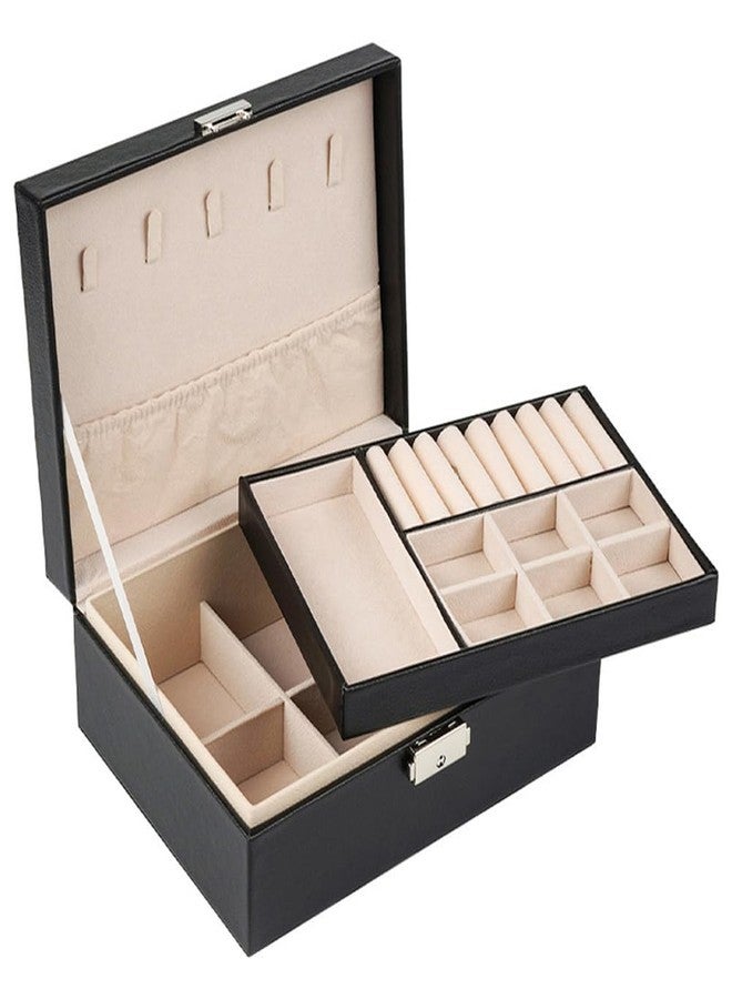 HETVIN Fashion Jewellery Organisers Box Double Layer Large Capacity PU Leather Storage Case for Rings, Earrings, Necklace Jewelry Organizer for Women Travel - (Black) - Image 1