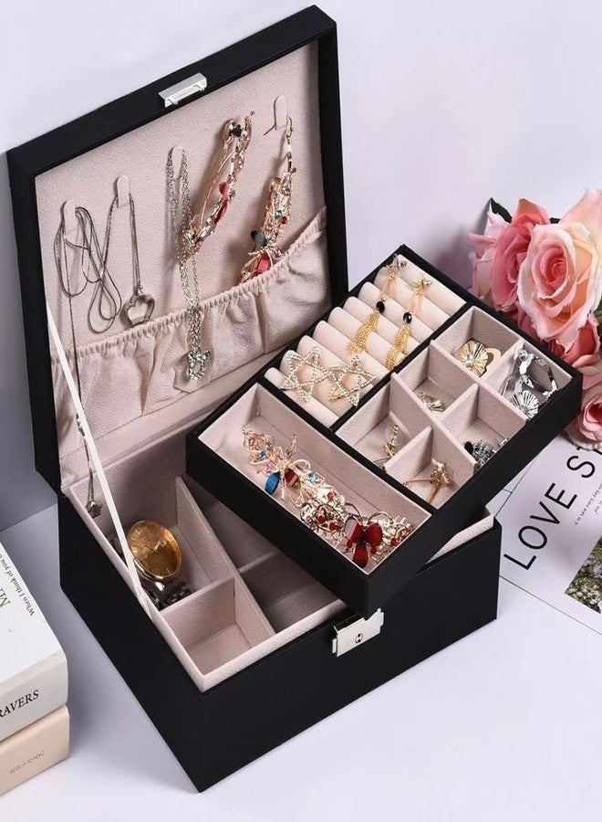 HETVIN Fashion Jewellery Organisers Box Double Layer Large Capacity PU Leather Storage Case for Rings, Earrings, Necklace Jewelry Organizer for Women Travel - (Black) - Image 5