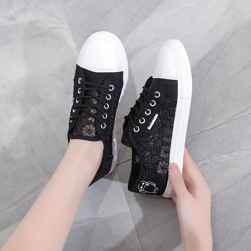 2023 Summer Lace Breathable Sneakers Women Korean Canvas Flat Shoes Shoe Box Black 