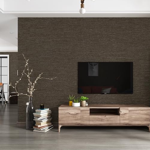 Haimin Grasscloth Wallpaper Peel and Stick 20.9in X 393in Fabric Contact Paper Wall Paper Textured Wallpaper Horizontal Stripes Look Self-Adhesive Thick Vinyl Embossed (Dark Brown) - Image 3