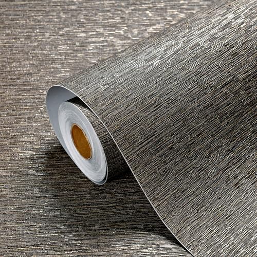Haimin Grasscloth Wallpaper Peel and Stick 20.9in X 393in Fabric Contact Paper Wall Paper Textured Wallpaper Horizontal Stripes Look Self-Adhesive Thick Vinyl Embossed (Dark Brown) - Image 1