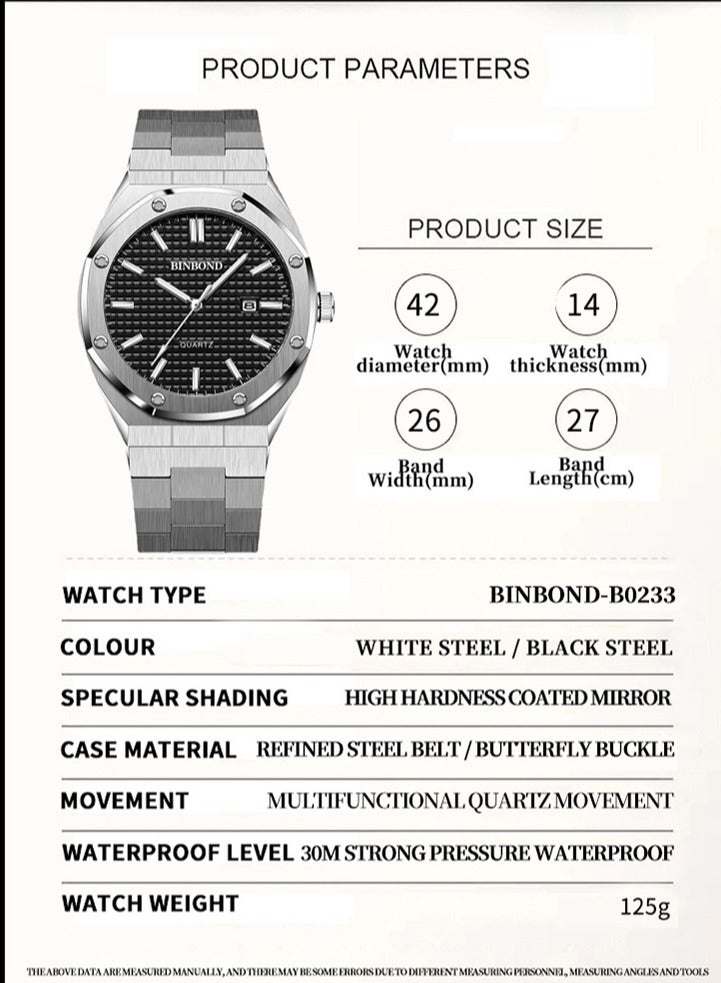 بينبوند ساعات رجالية كوارتز ساعة رجالية مقاومة للماء من الفولاذ المقاوم للصدأ ساعة رجالية كوارتز للأعمال - Image 4
