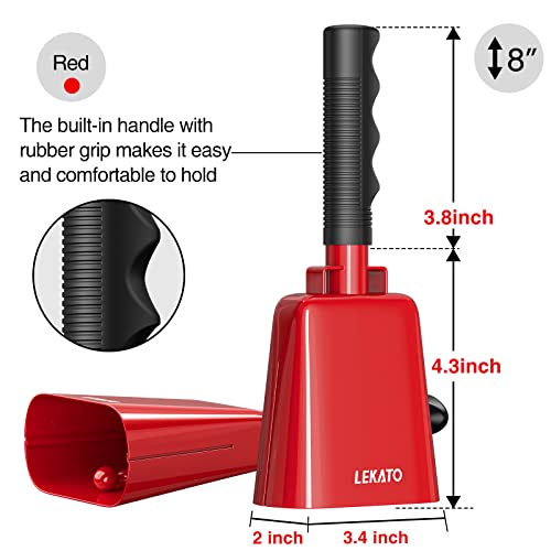 LEKATO 8 Inch Steel Cow Bell 2 Pack, Noise Makers Cowbell with Handle for Sport Events Cheering Hand Bell for Football Games,Party, Concert, Graduations, School, Farm Ranch(Red+Red) - Image 4