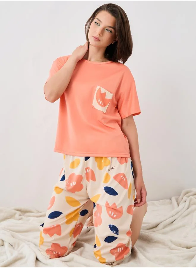 تايك تو Take Two Floral Printed Short Sleeve T-Shirt and Shorts Sets